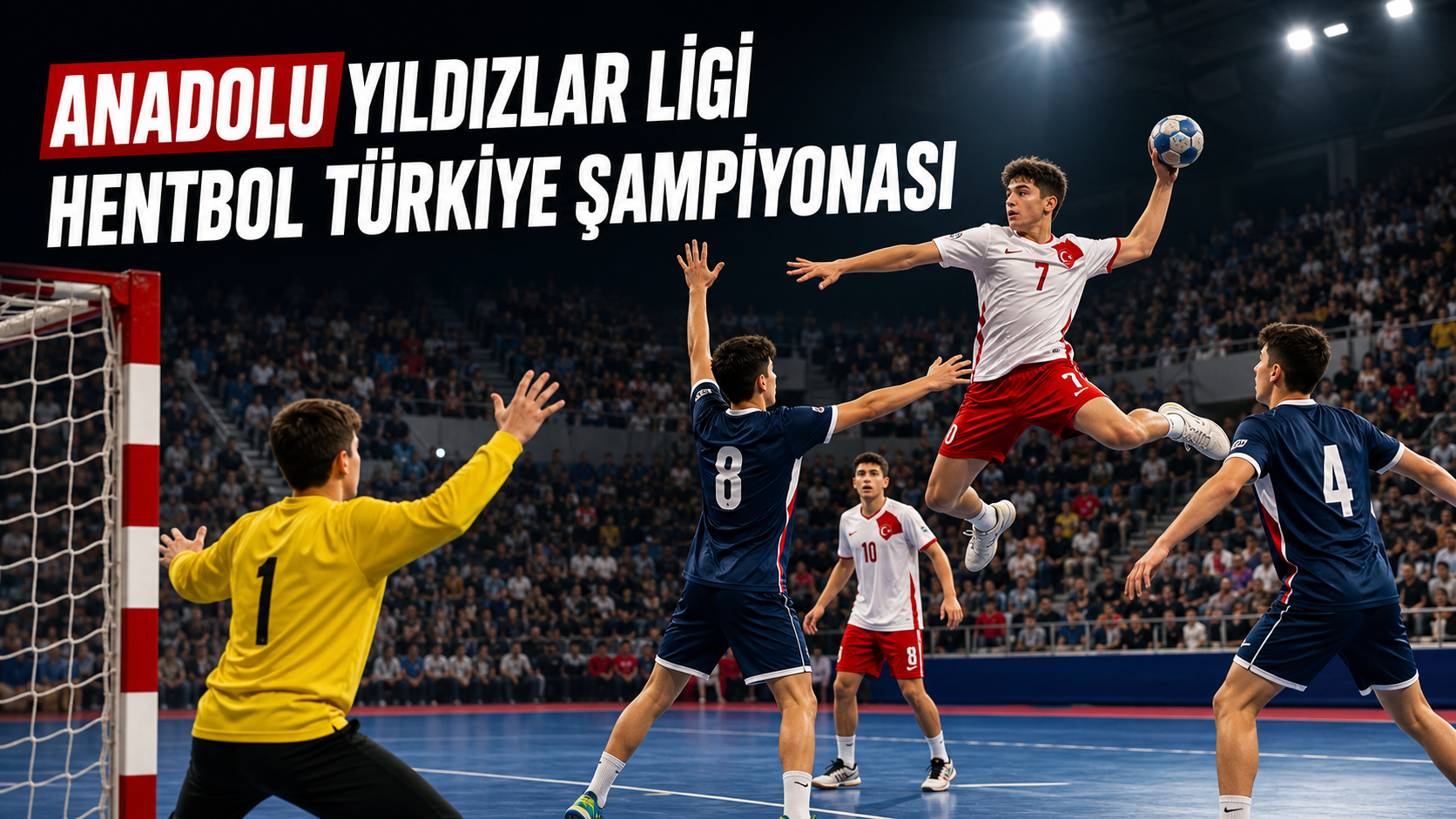 Genç hentbolcuların turnuva maçında mücadele anı, salon ve top görüntüsü
